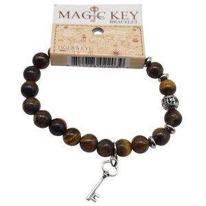 Tigers Eye Beaded Bracelet Brown Silver Tone Key Charm By Magic Key For Ages 16+